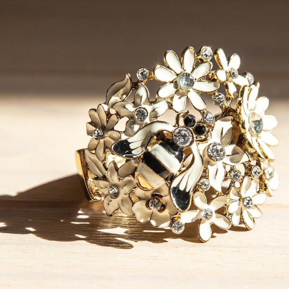 Wide Cuff Clamping Enamel Rhinestones Daisy Bouquet Bumblebee Bracelet Gold Tone